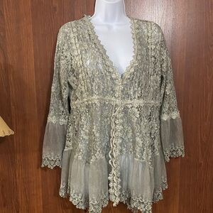 Gray Lace and Ribbon Cardigan sparkle button label removed sheer l or XL